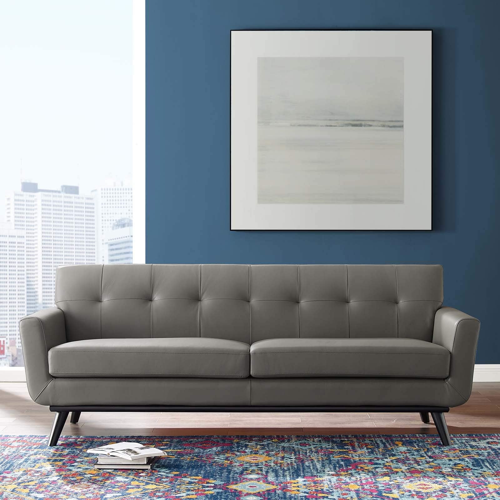 Modway Engage Sofa In Top-Grain Leather Living Room Lounge,Grey